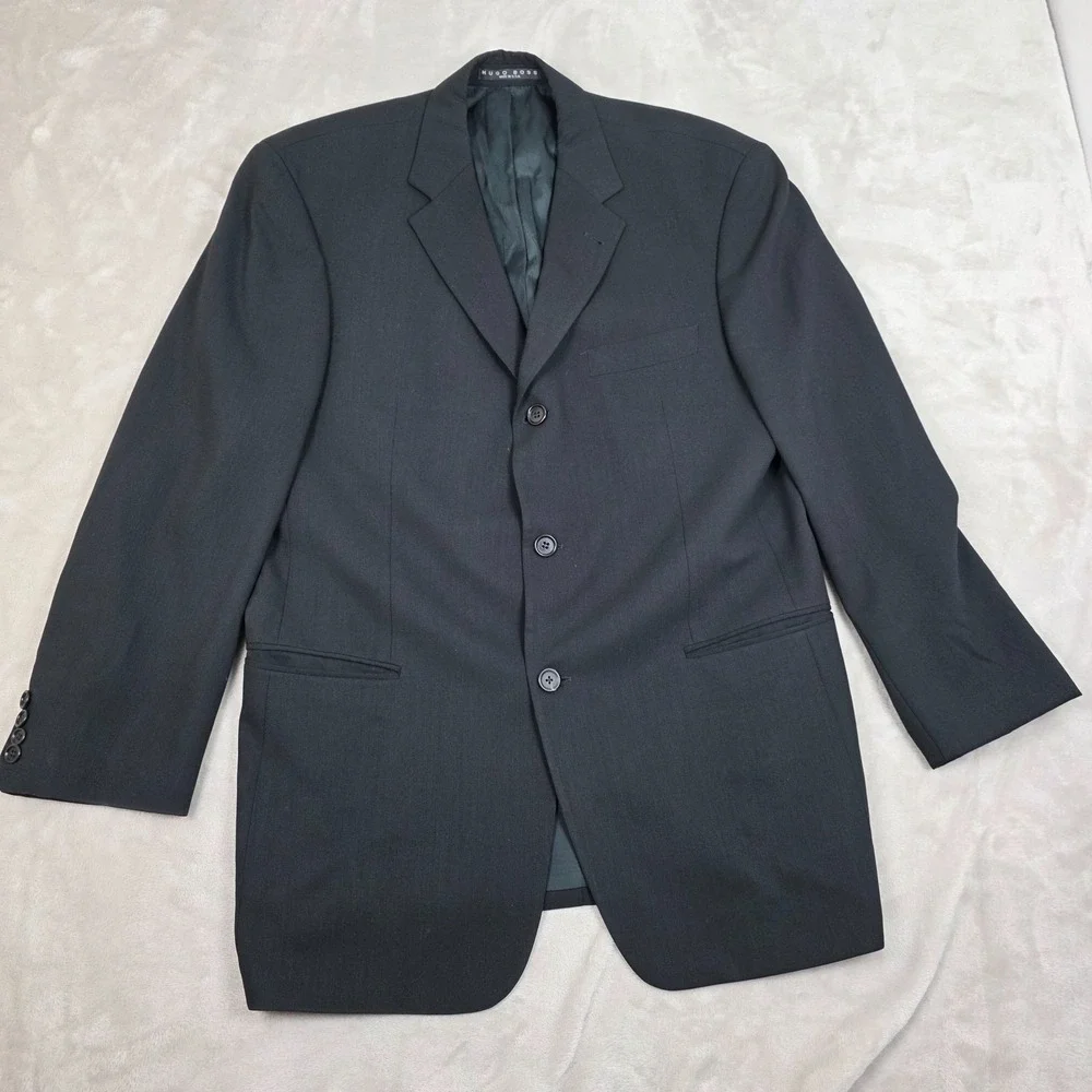 VINTAGE Hugo Boss Blazer Mens 44R Black Wool‎ Sport Coat Jacket Made In USA